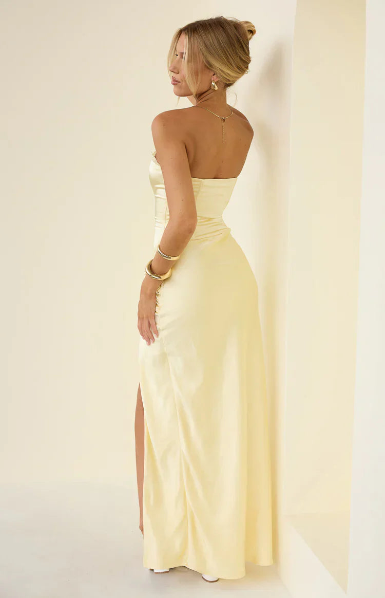 Sasha Yellow Ruched Twist Satin Maxi Dress