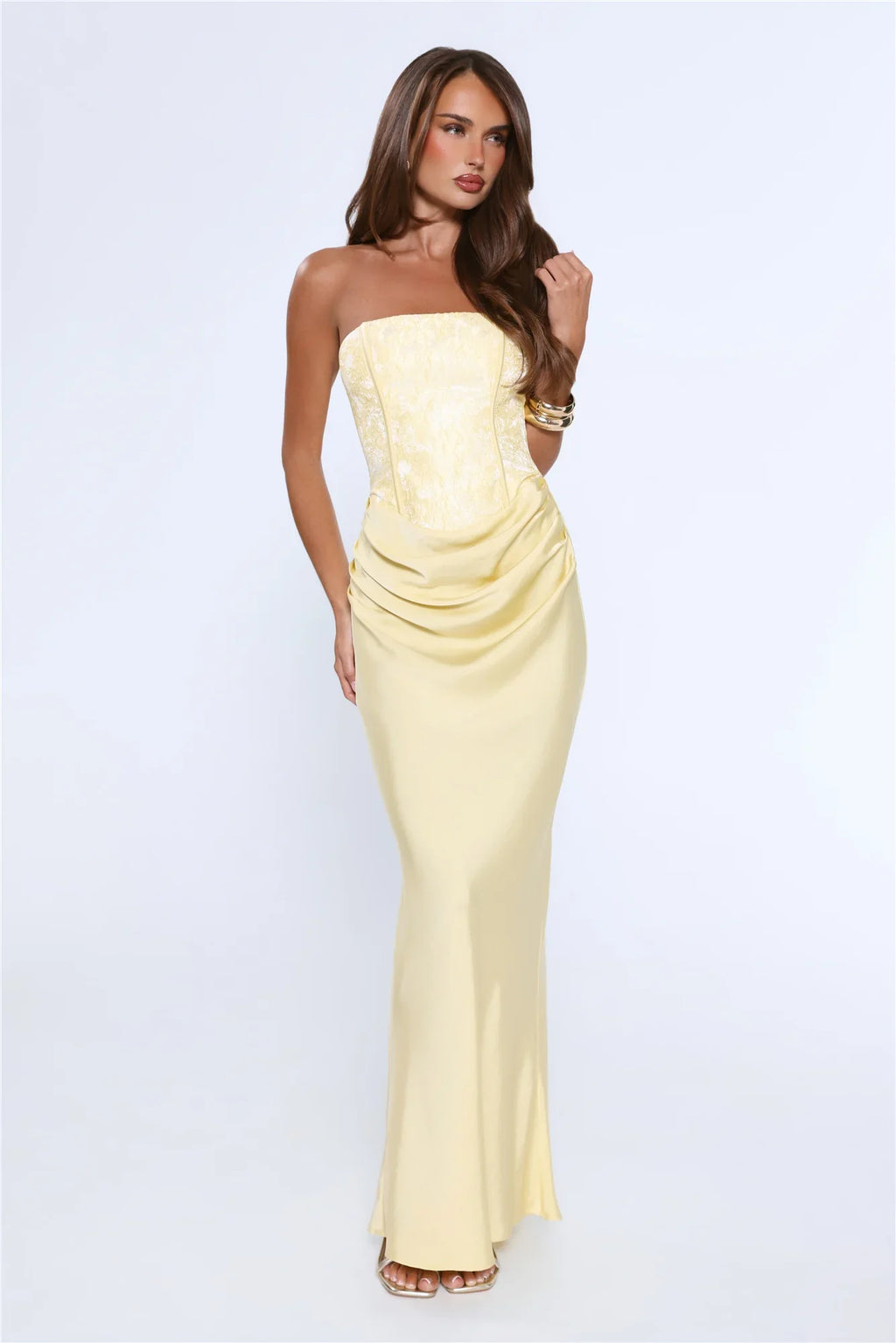 Dressed To Dazzle Strapless Satin Maxi Dress Yellow