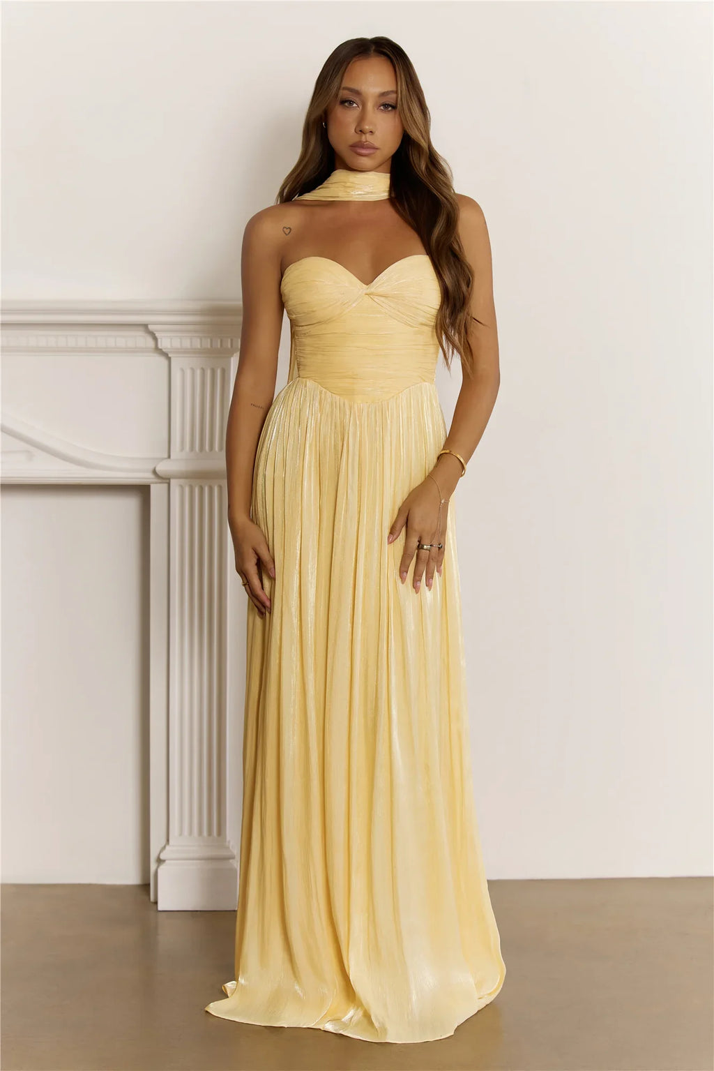 Shimmering Goddess Strapless Maxi Dress Yellow