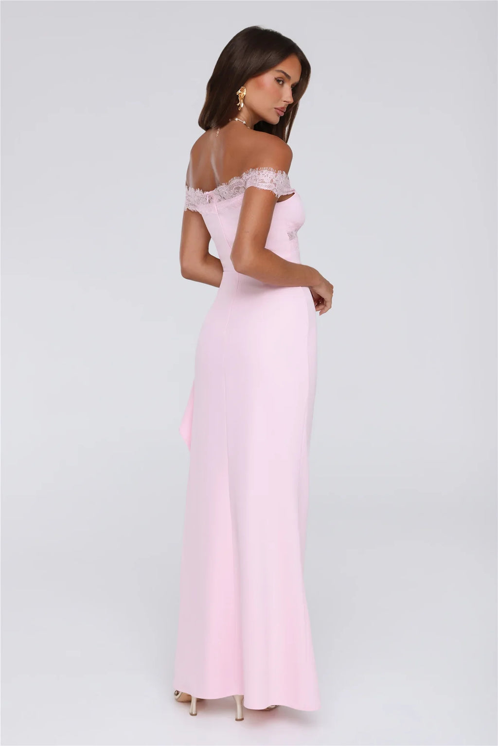 Ethereal Lace Off Shoulder Maxi Dress Blush
