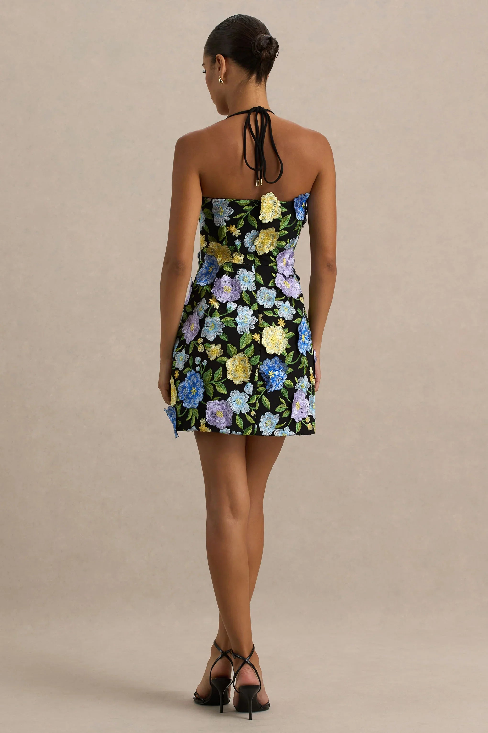 Aisha | Black Floral Embellished Square-Neck Mini Dress