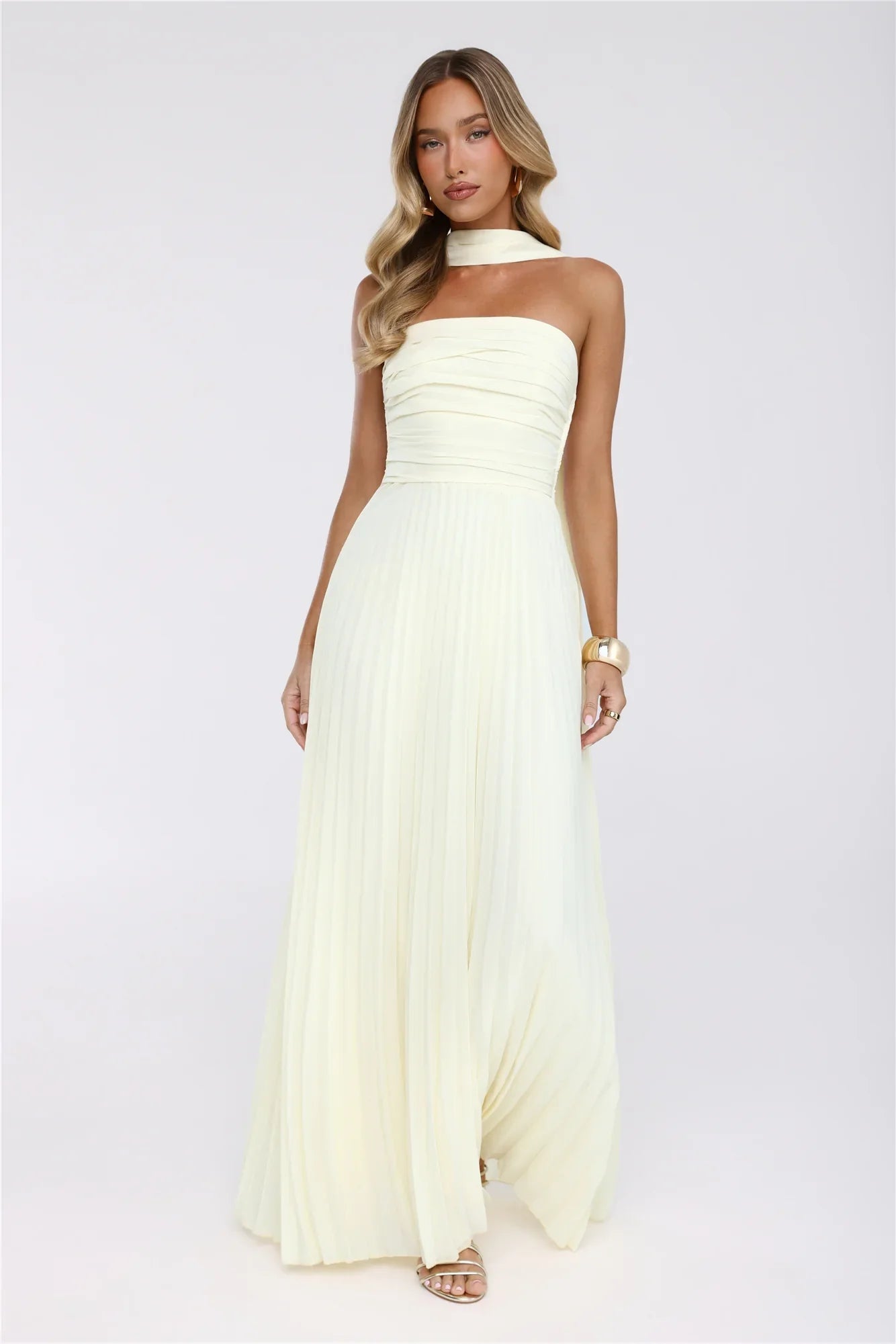 Sugar Babe Strapless Pleated Maxi Dress Yellow