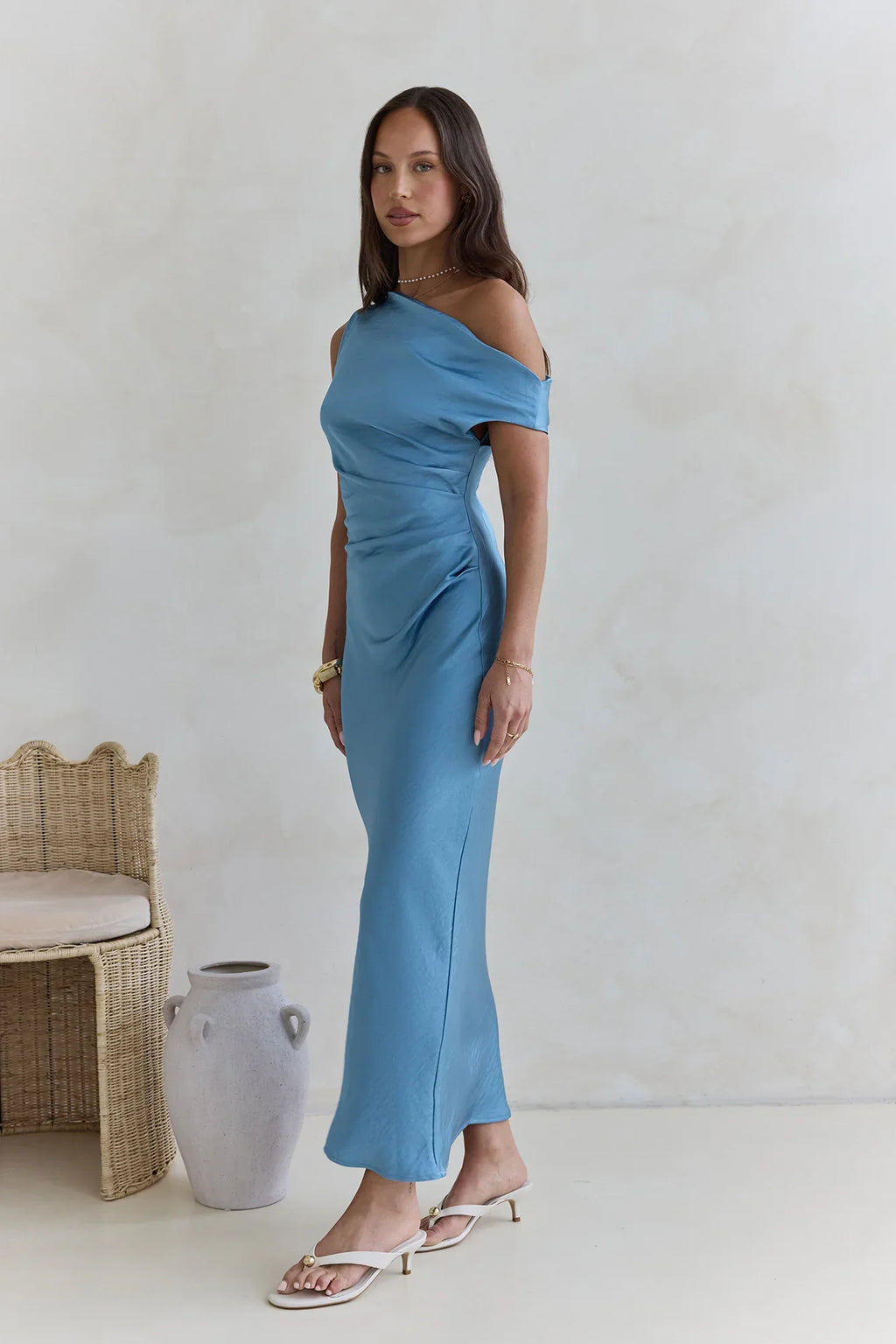 Noir Evenings Off Shoulder Satin Maxi Dress Blue