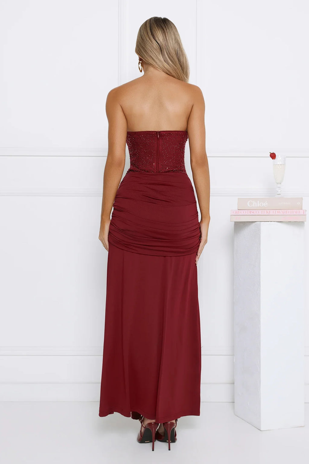 Signature Nights Embellished Strapless Maxi Dress Red