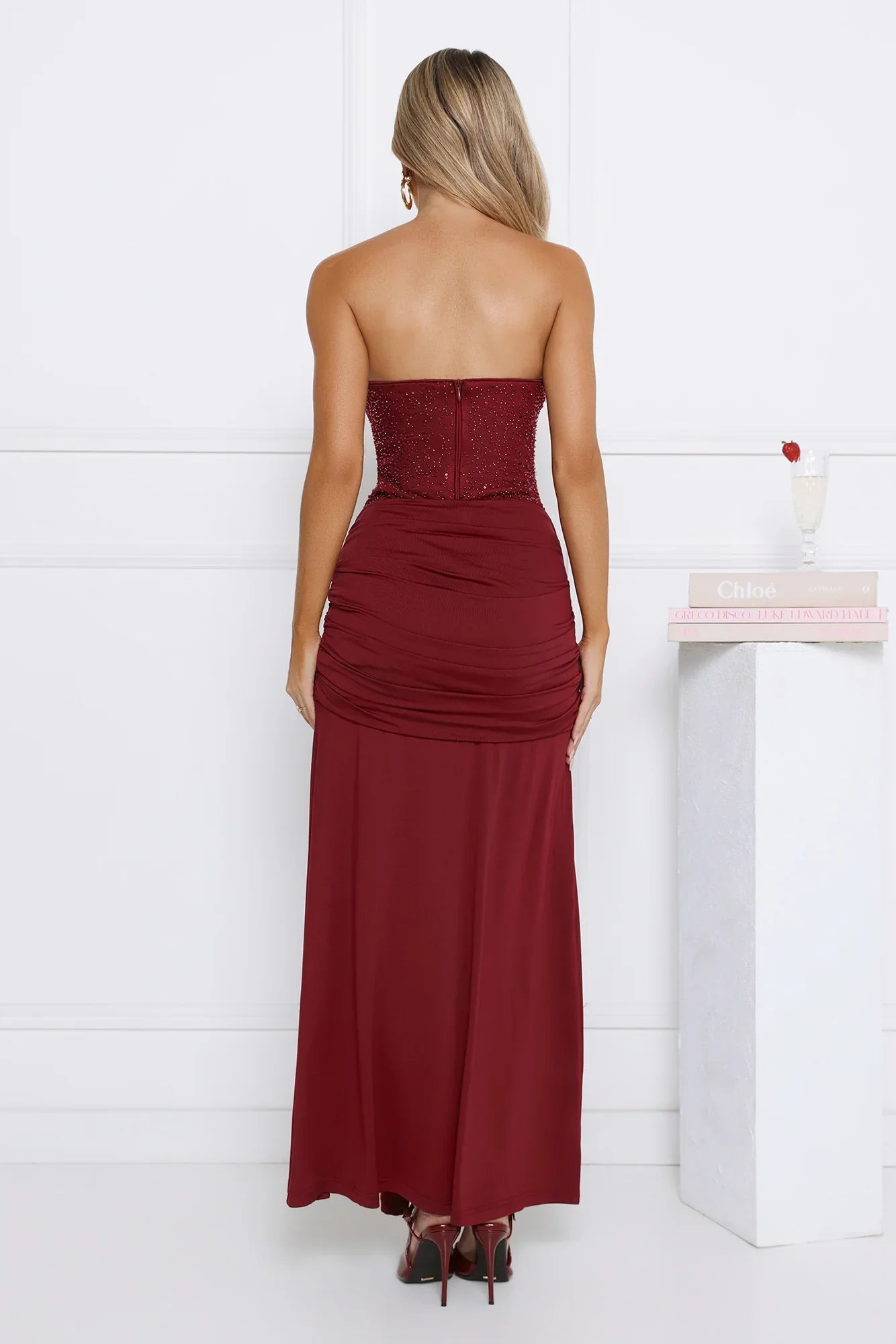 Signature Nights Embellished Strapless Maxi Dress Red