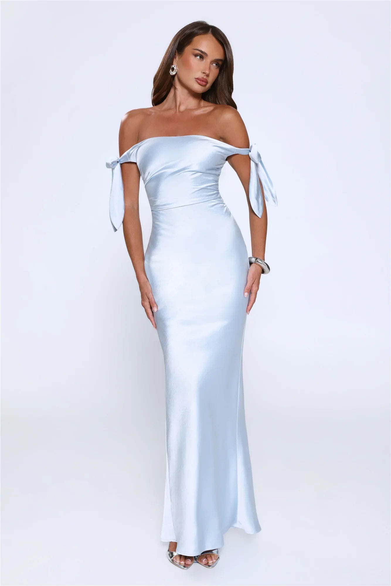 Flirty Intentions Off Shoulder Satin Maxi Dress Blue