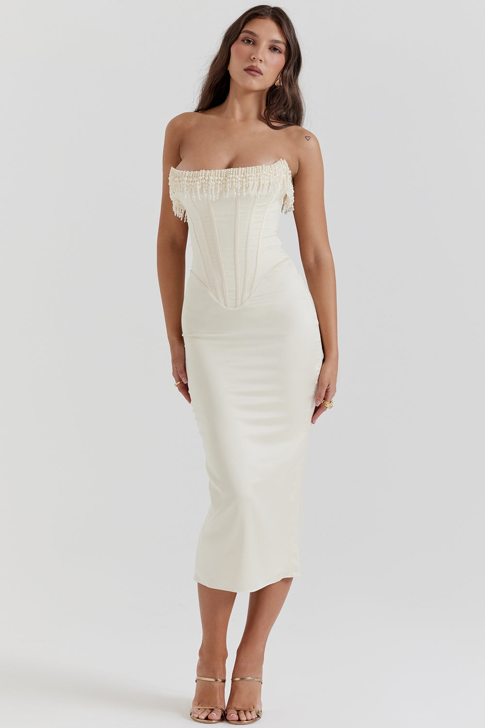 vintage cream embellished strapless dress