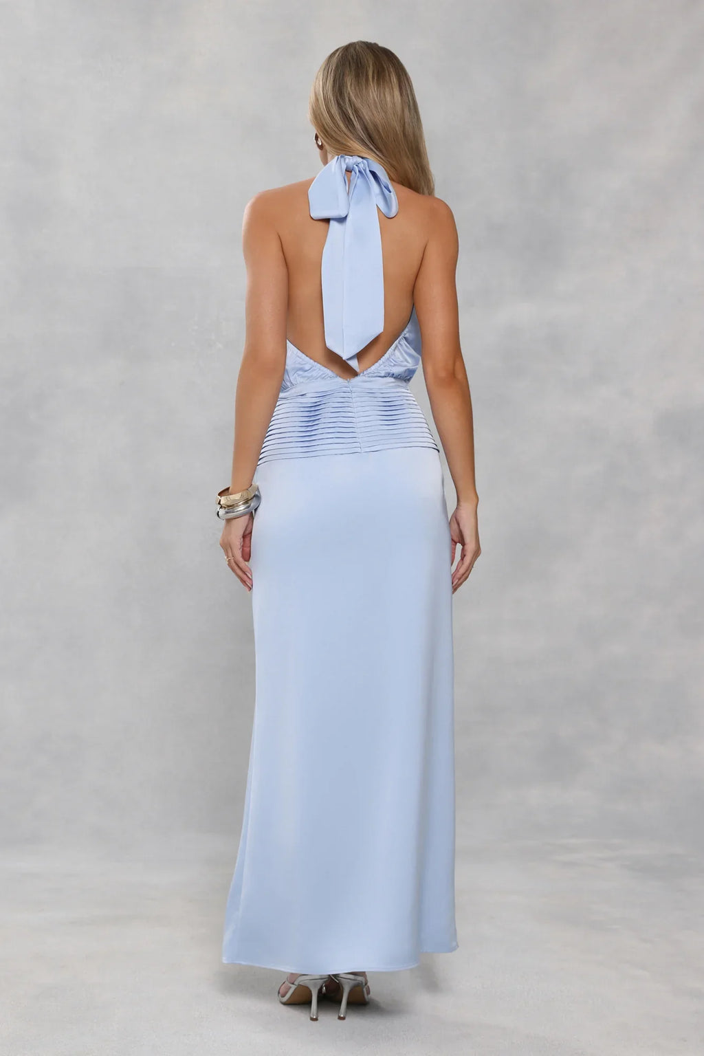 Silken Society Halter Satin Maxi Dress Blue