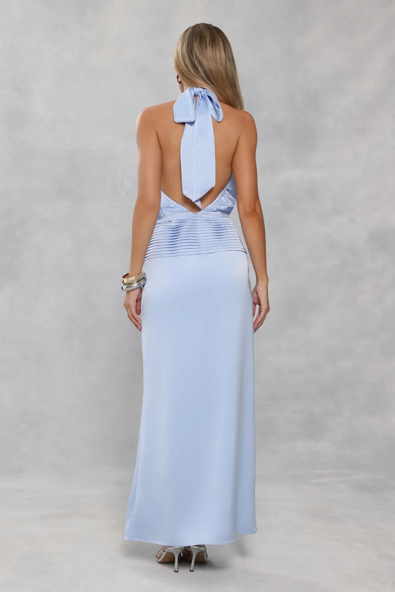 Silken Society Halter Satin Maxi Dress Blue