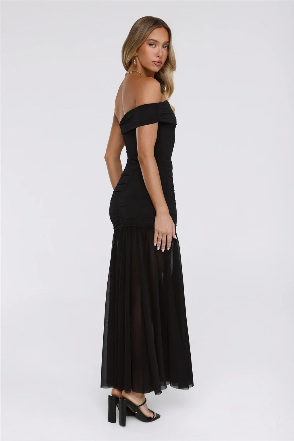 Moonlit Whisper One Shoulder Mesh Maxi Dress Black