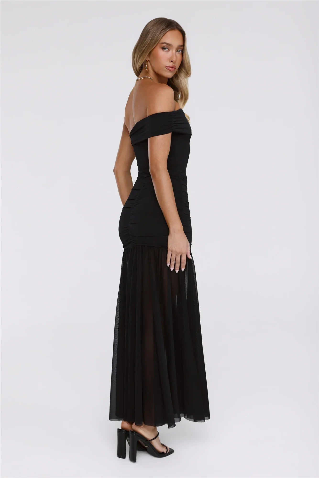 Moonlit Whisper One Shoulder Mesh Maxi Dress Black