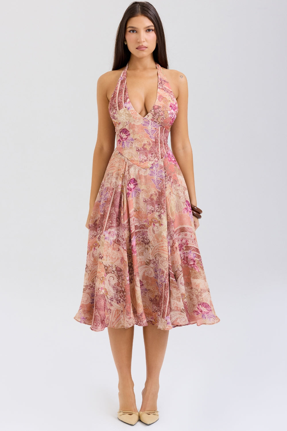 paisley patchwork print georgette halter sundress