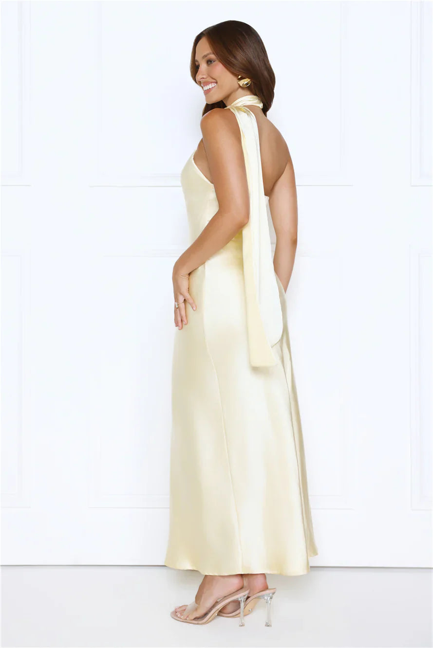 Dream Luxe Halter Satin Maxi Dress Yellow