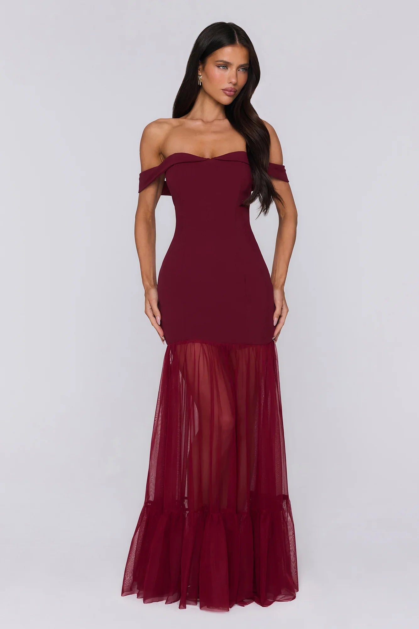 Pretty Lullaby Off Shoulder Maxi Dress Burgundy