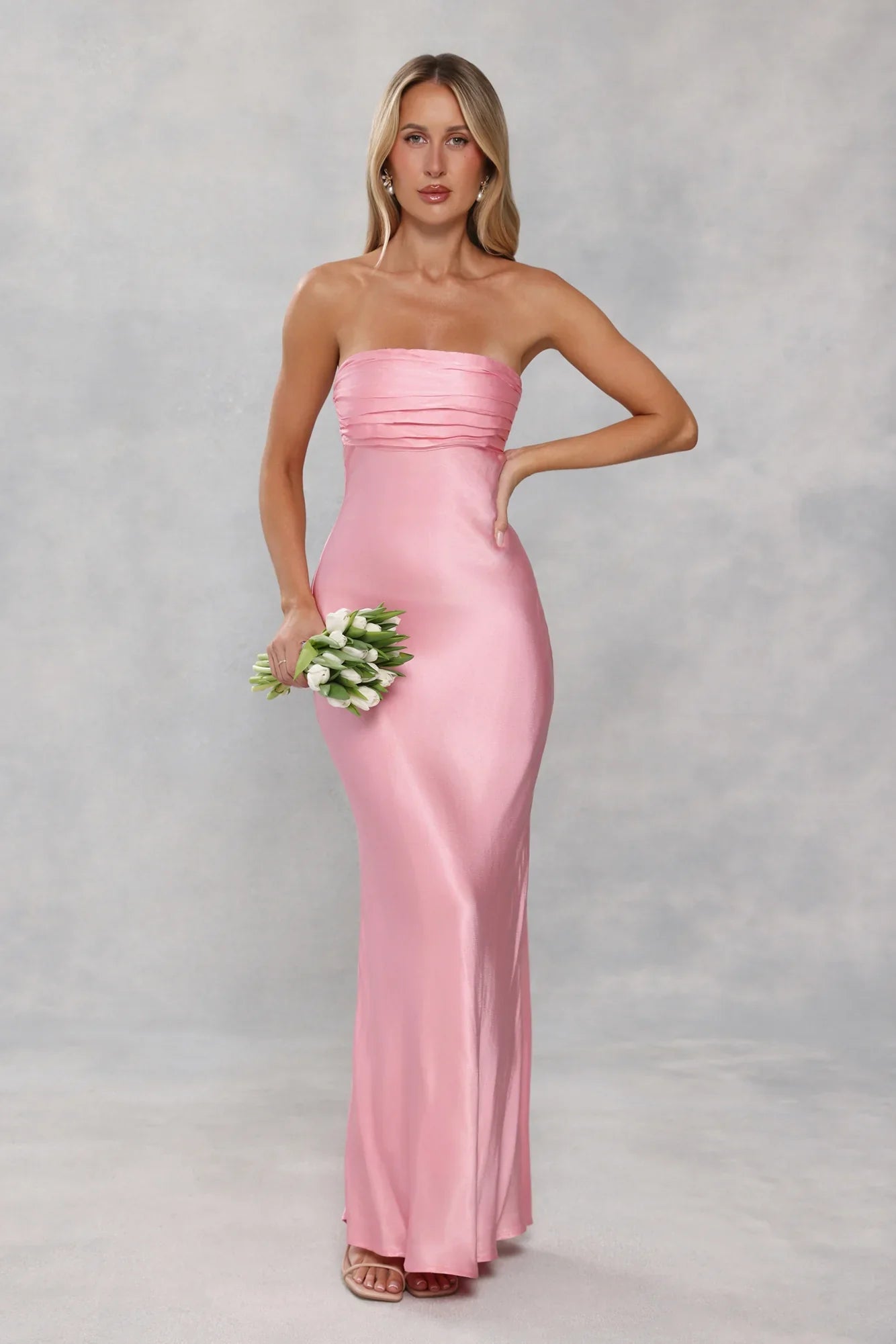 The Seraphina Strapless Satin Maxi Dress Candy Pink
