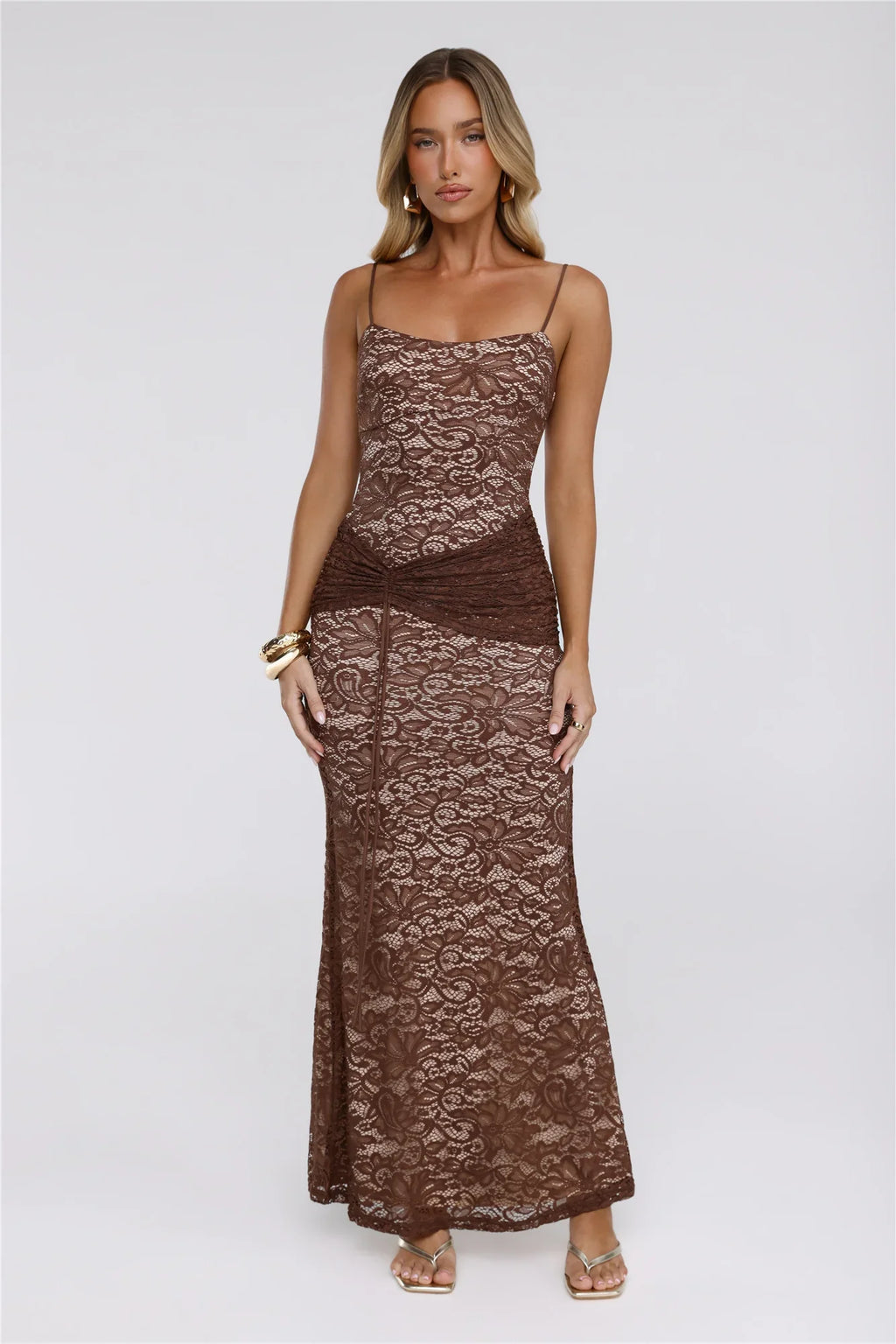 Pretty Clubhouse Lace Maxi Dress Brown