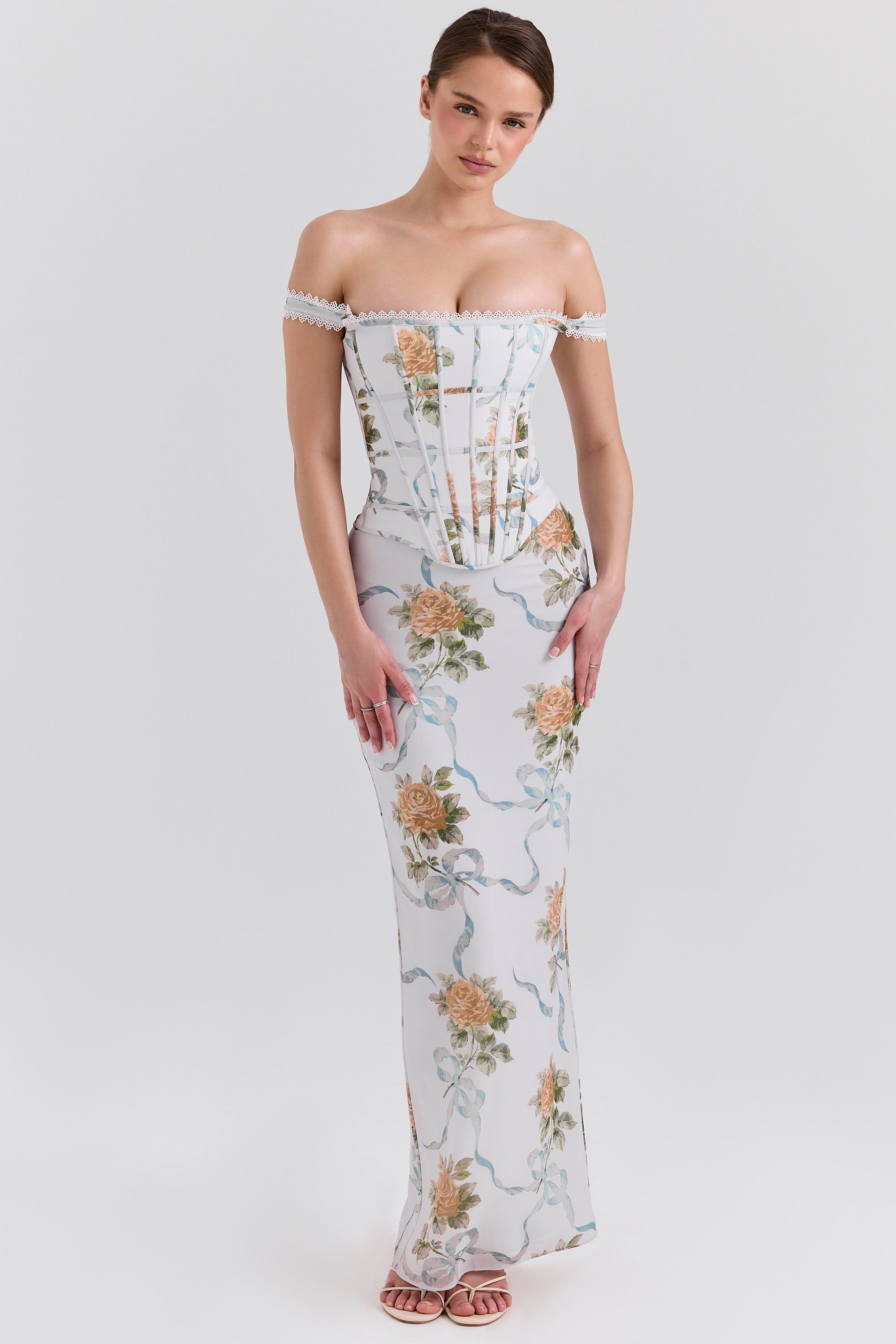 soft blue vintage print corset maxi dress