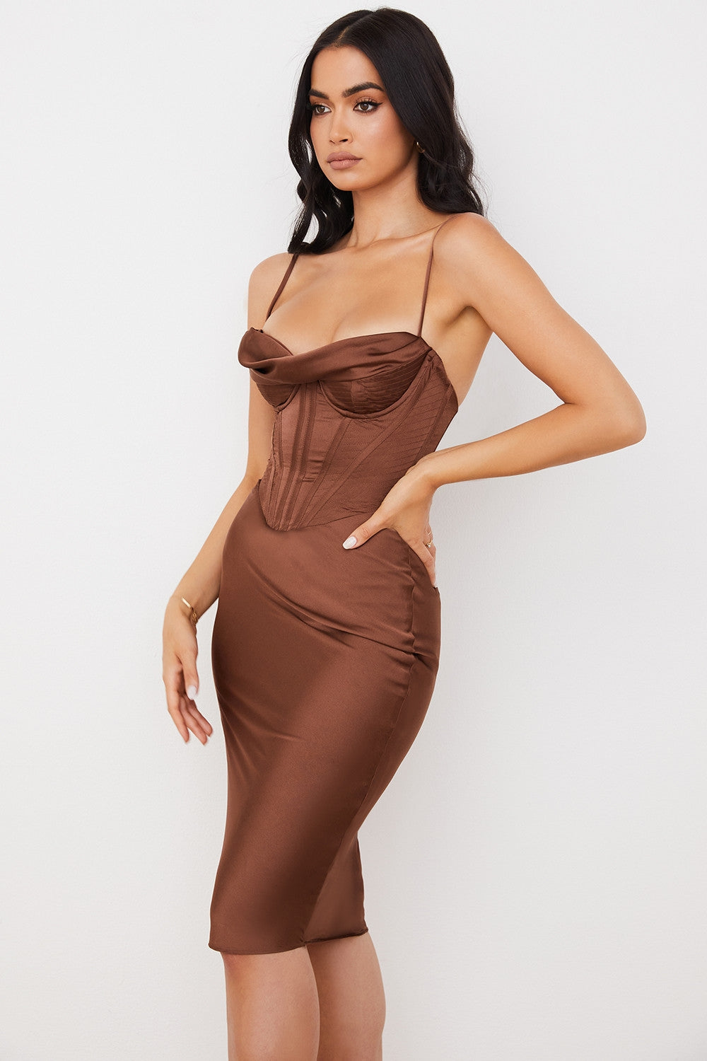 chocolate satin corset slip dress