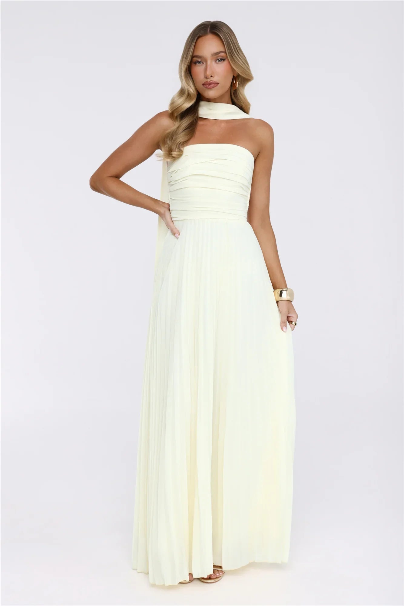 Sugar Babe Strapless Pleated Maxi Dress Yellow