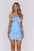 Saltwater Sonata Off Shoulder Mesh Mini Dress Blue