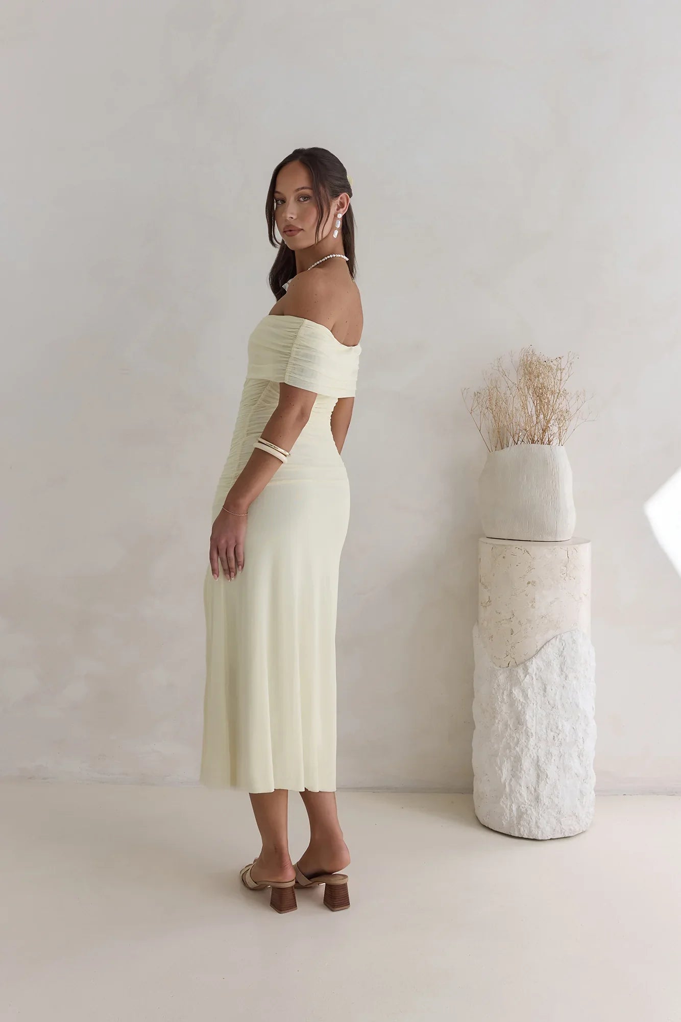 Santorini Strolls Off Shoulder Midi Dress Yellow