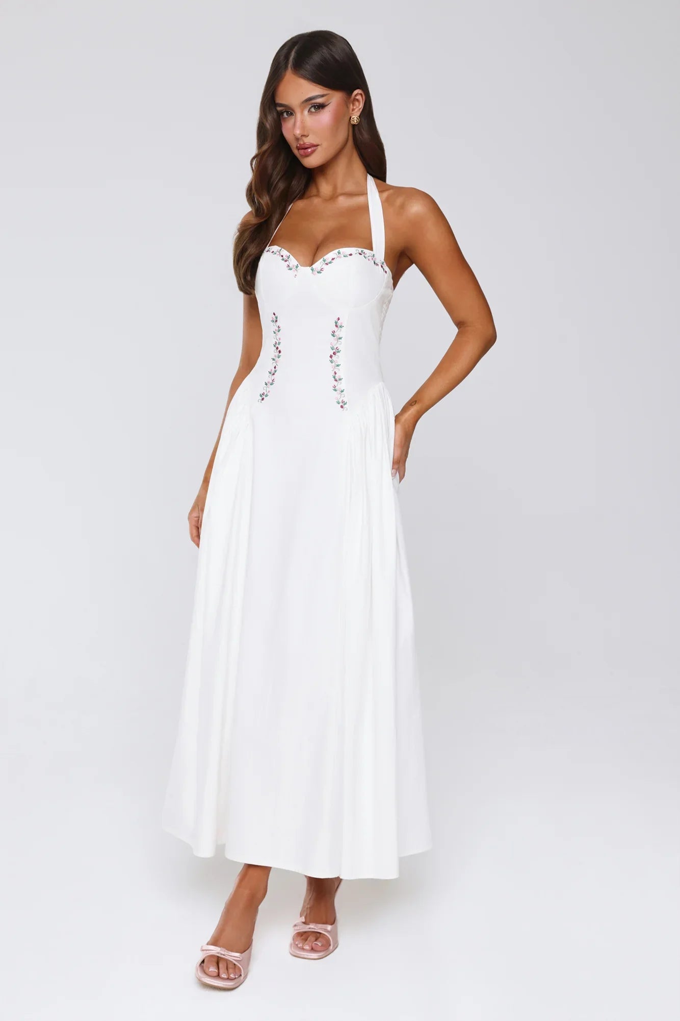 Vintage Fleur Halter Maxi Dress White