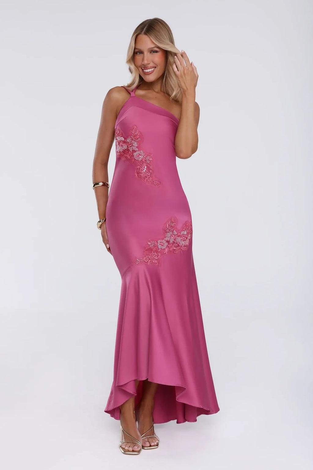 Jelly Glow One Shoulder Satin Maxi Dress Rose