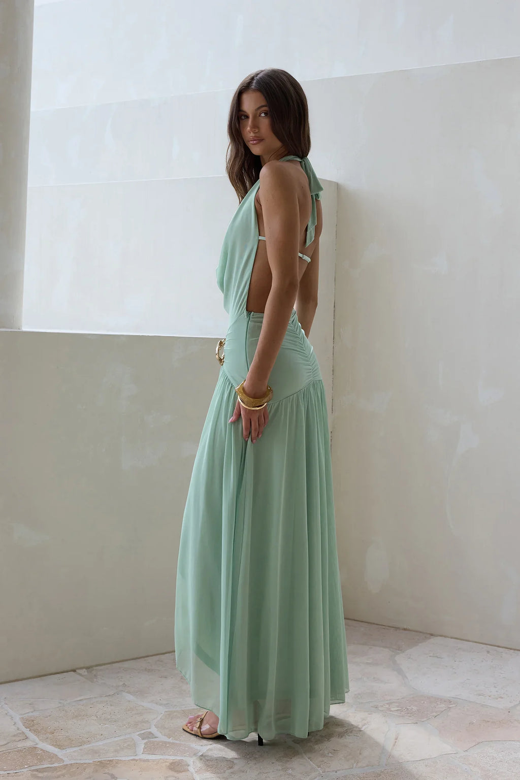 Floating Clouds Halter Mesh Maxi Dress Sage