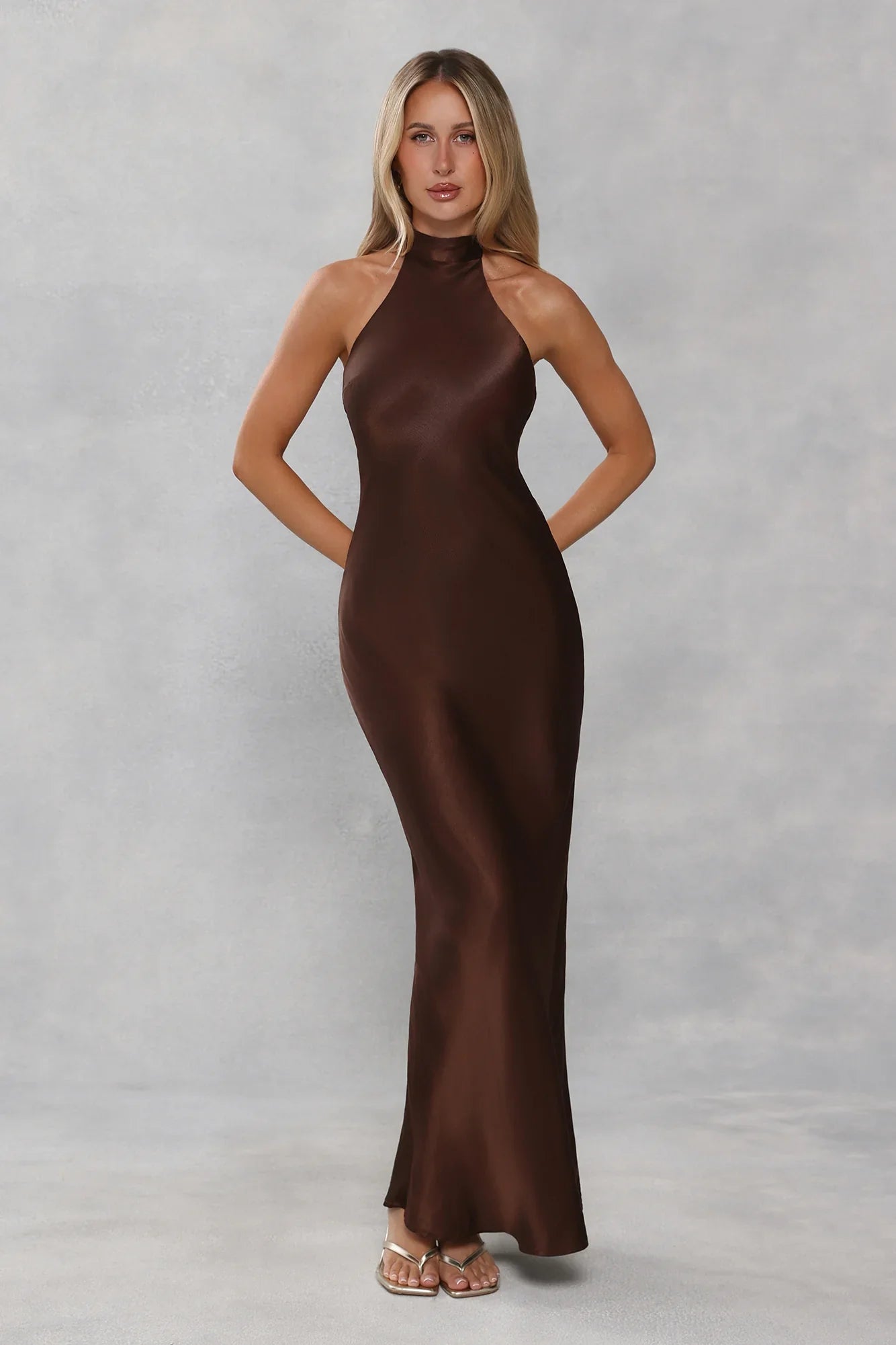 The Cleo Halter Satin Maxi Dress Chocolate Brown