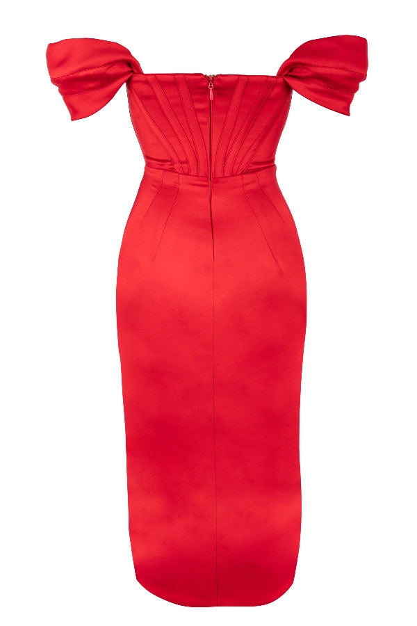 red satin off shoulder dress
