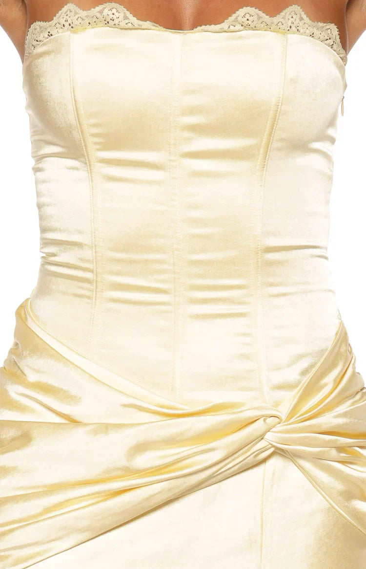 Sasha Yellow Ruched Twist Satin Maxi Dress
