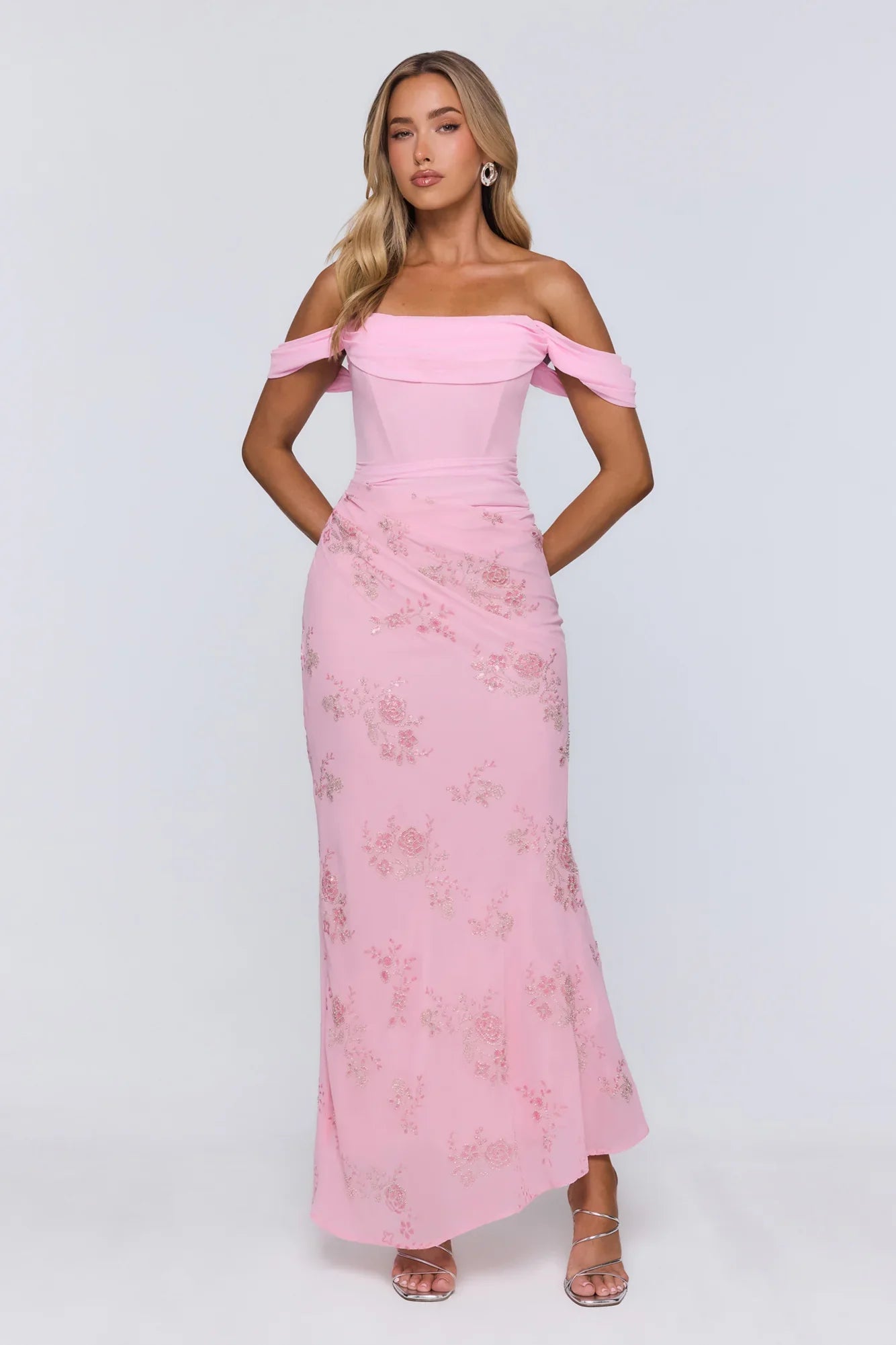 Pretty Glow Up Off Shoulder Maxi Dress Pink