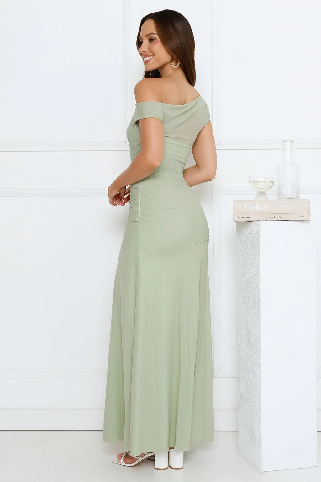Dusk Noir Off Shoulder Maxi Dress Sage
