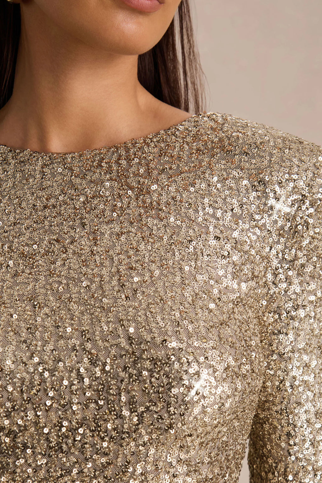 Mercedes | Champagne Sequin Boat-Neck Mini Dress With Draped Detail And Open Back