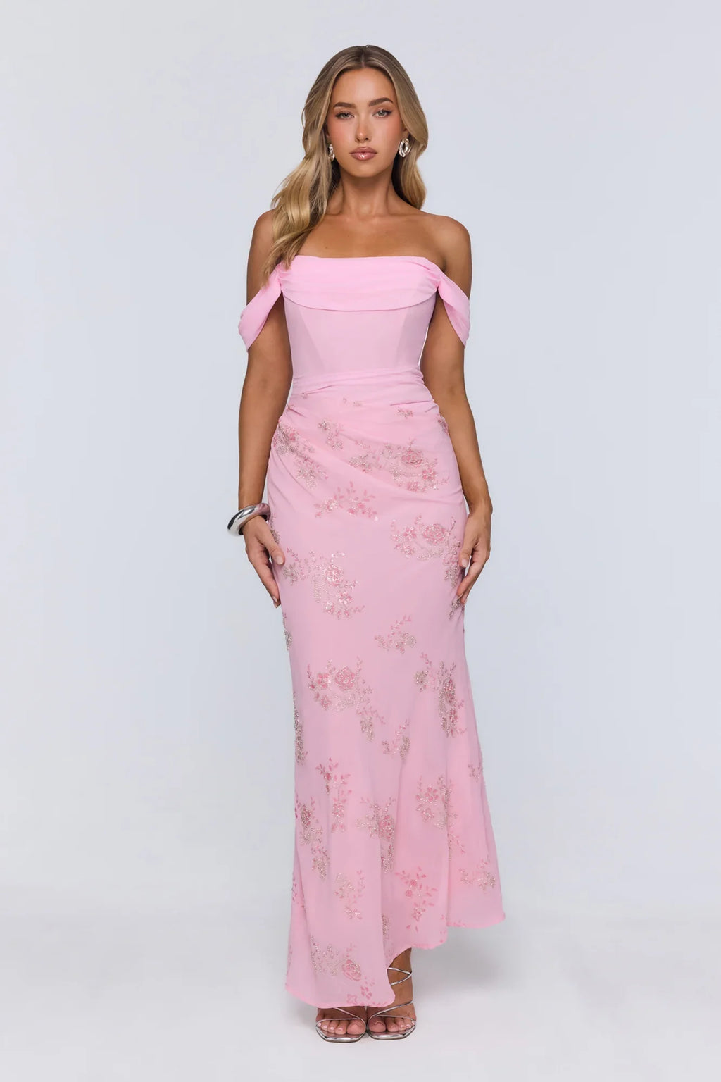 Pretty Glow Up Off Shoulder Maxi Dress Pink