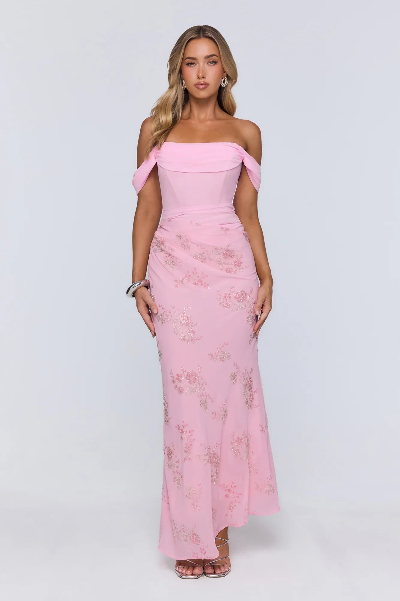 Pretty Glow Up Off Shoulder Maxi Dress Pink