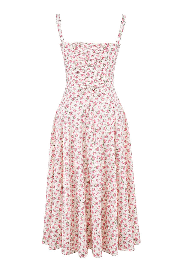 white rosebud print cotton bustier sundress