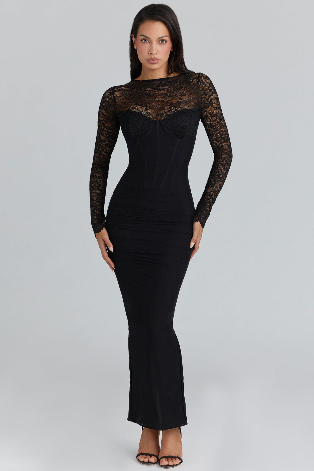 black lace long sleeved corset maxi dress