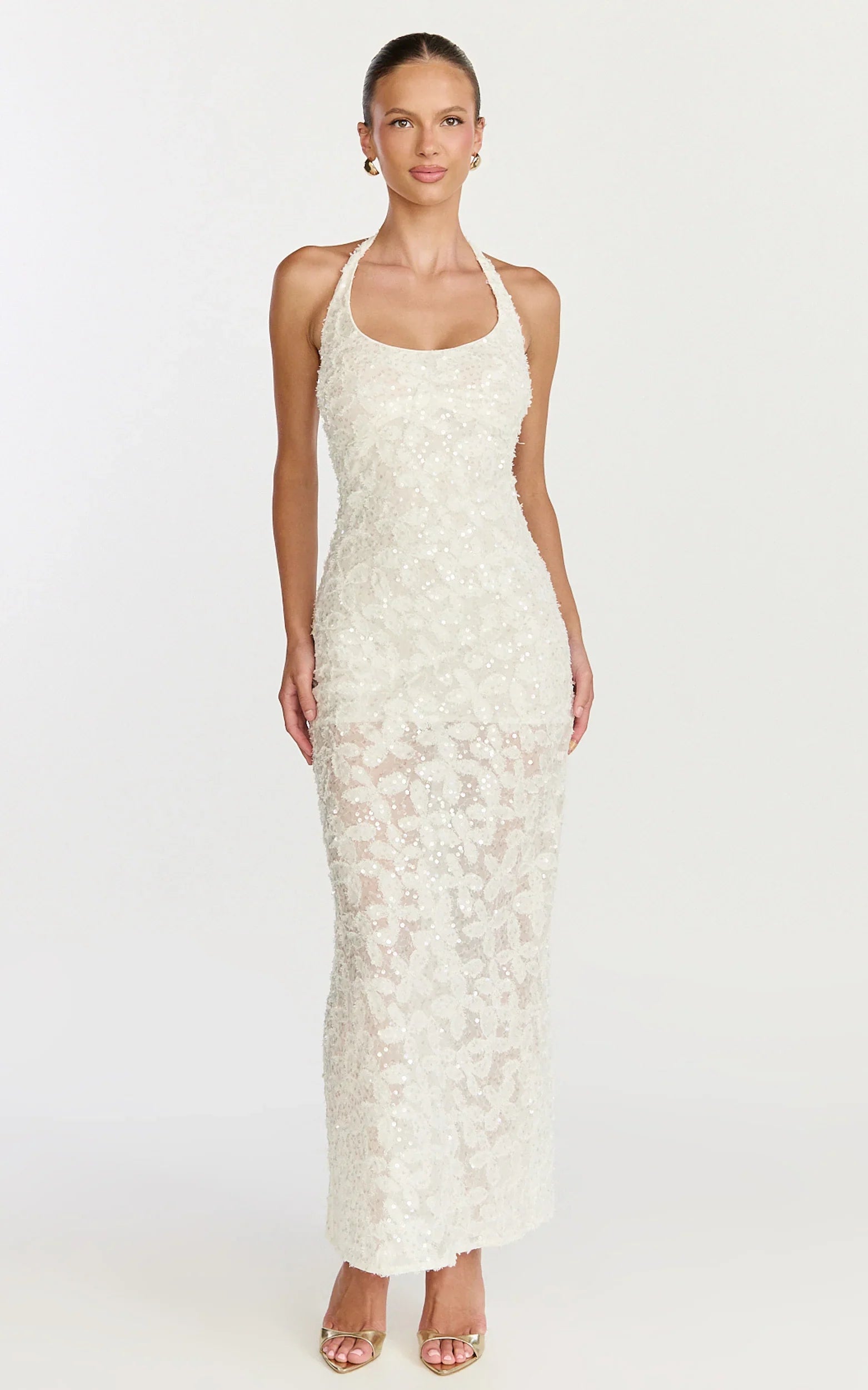 Benny Maxi Dress - Halter Neck Backless Bodycon Dress in Off White