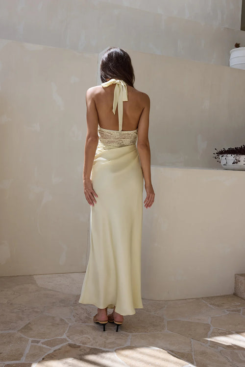 Call Me Yours Lace Halter Satin Maxi Dress Lemon