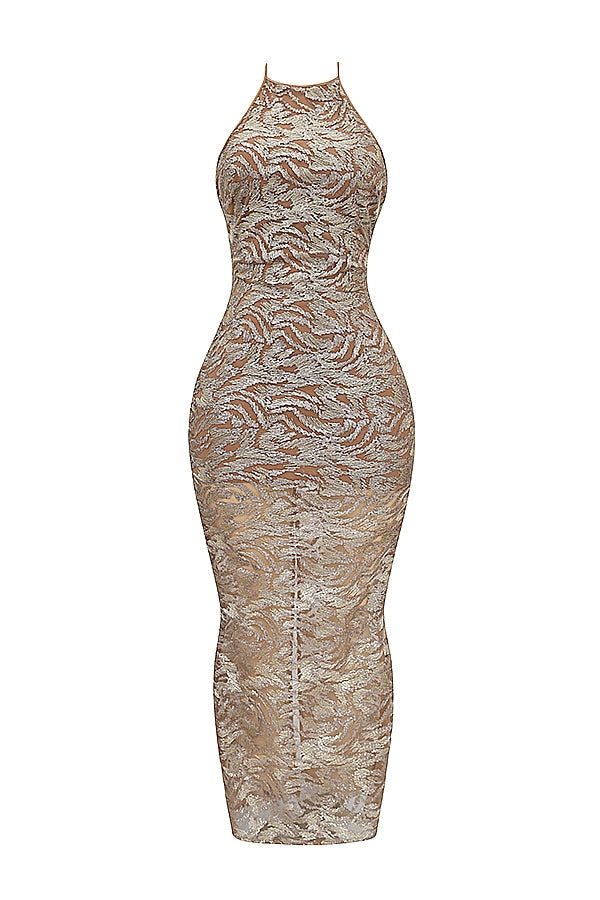 rose gold embroidered sequinned gown