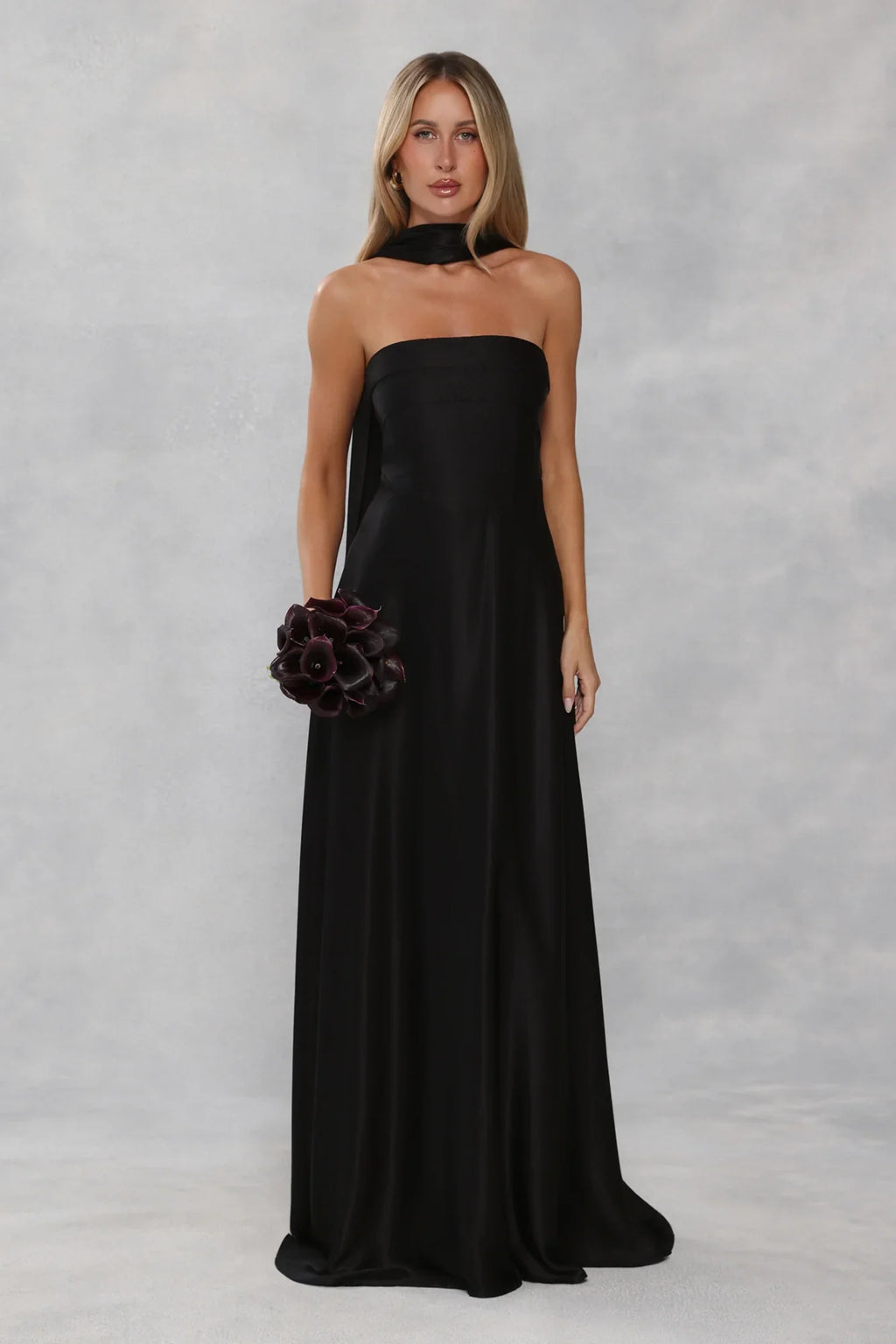 The Serina Strapless Satin Maxi Dress Black