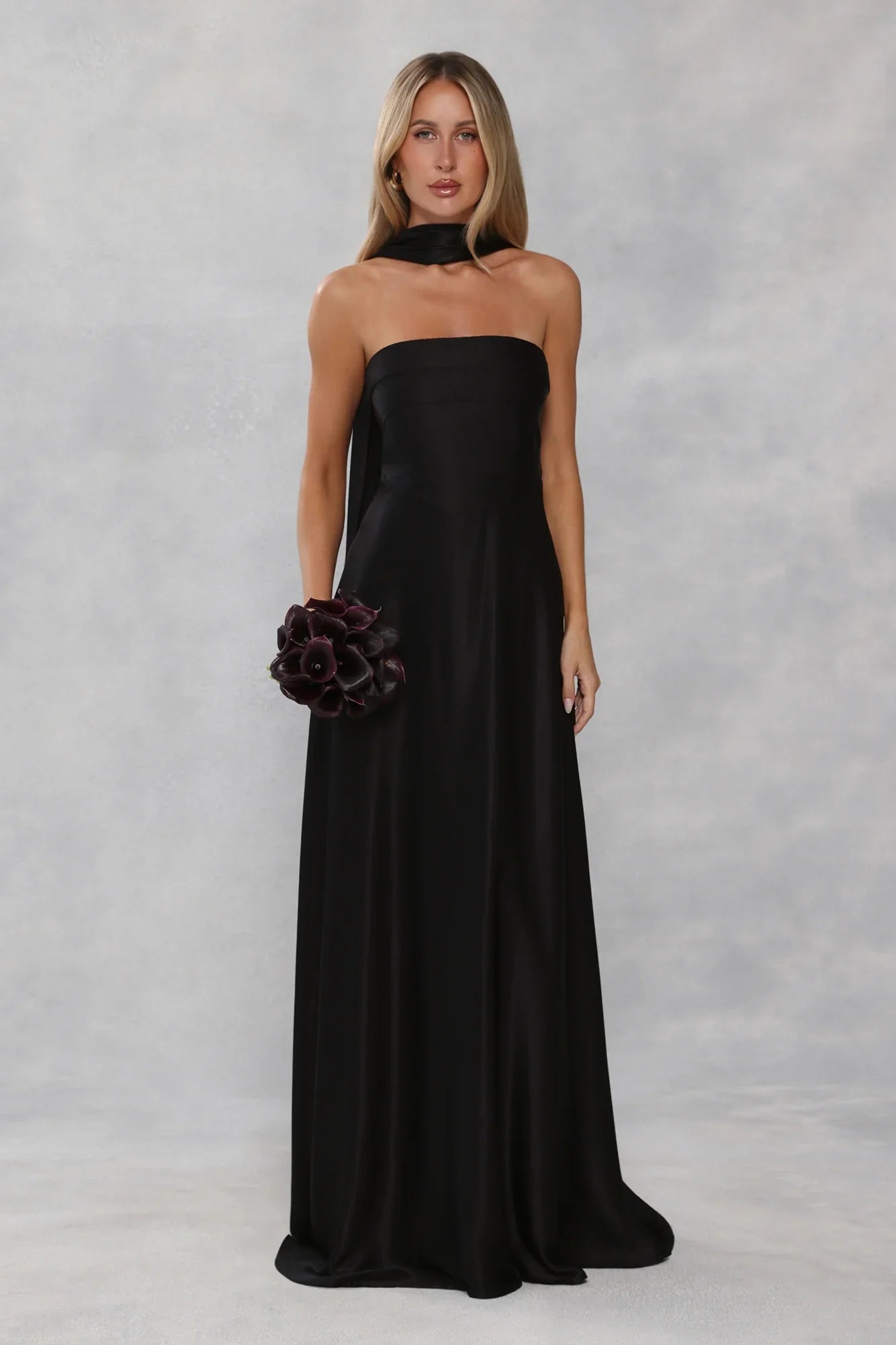 The Serina Strapless Satin Maxi Dress Black