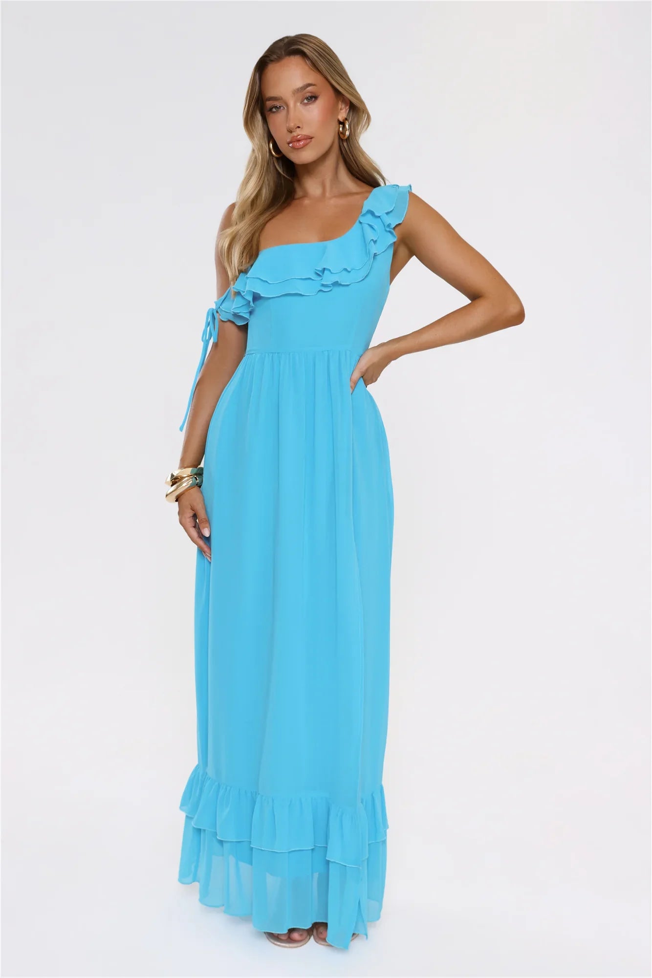 Diamond Horizon Off Shoulder Maxi Dress Blue