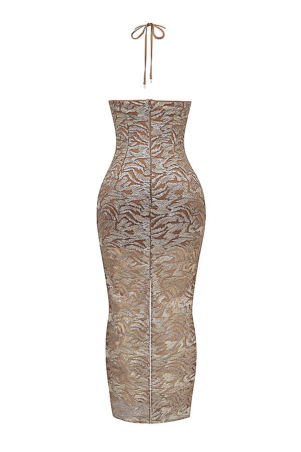 rose gold embroidered sequinned gown