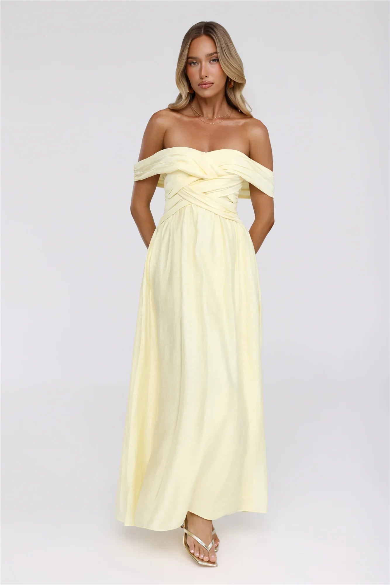 Sand Twirl Off Shoulder Maxi Dress Yellow
