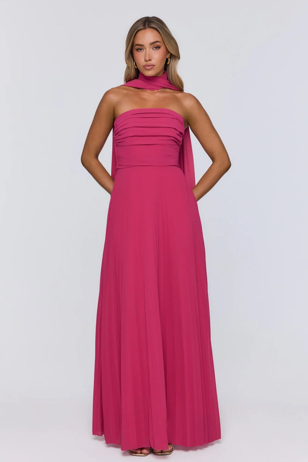 Sugar Babe Strapless Pleated Maxi Dress Magenta