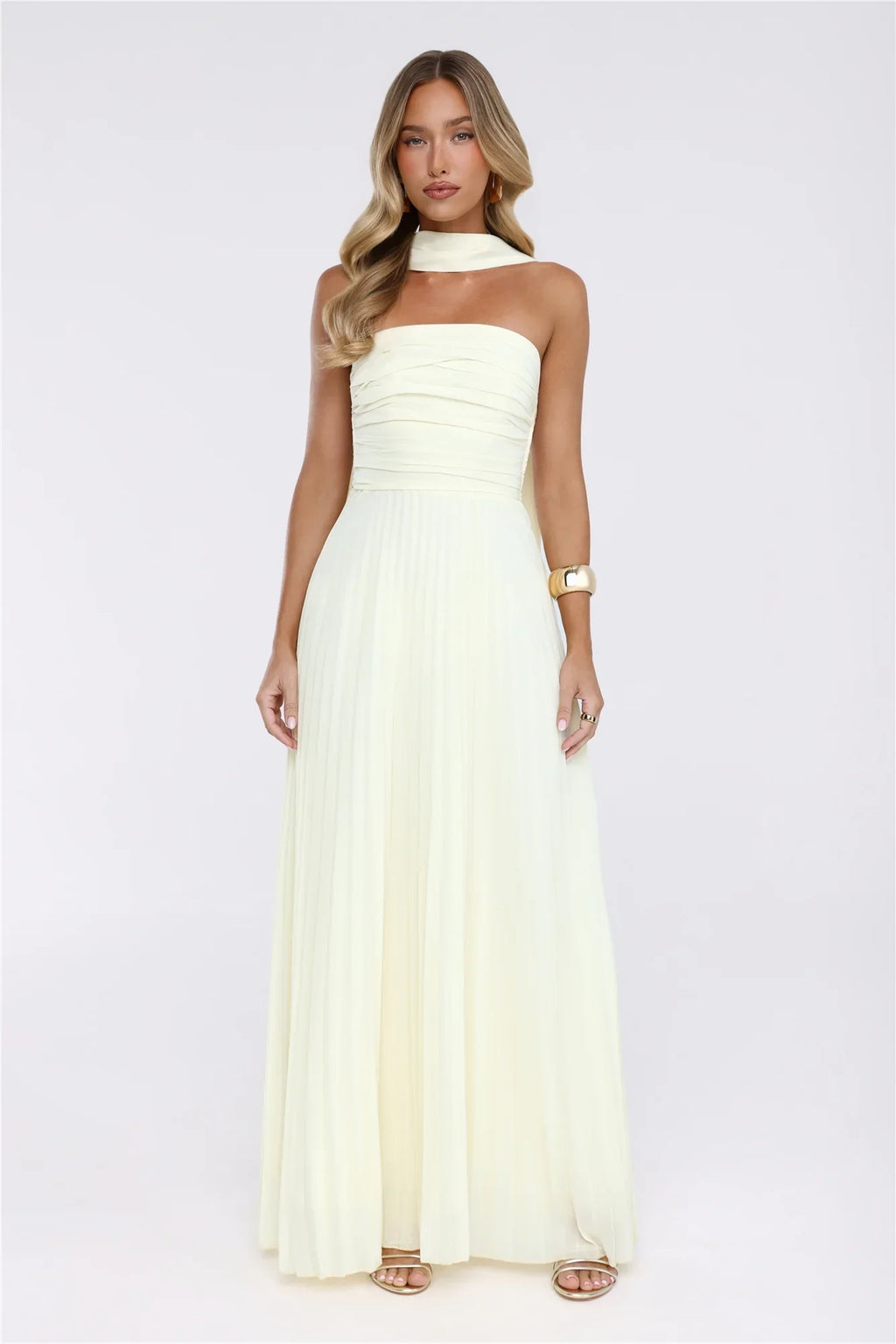 Sugar Babe Strapless Pleated Maxi Dress Yellow