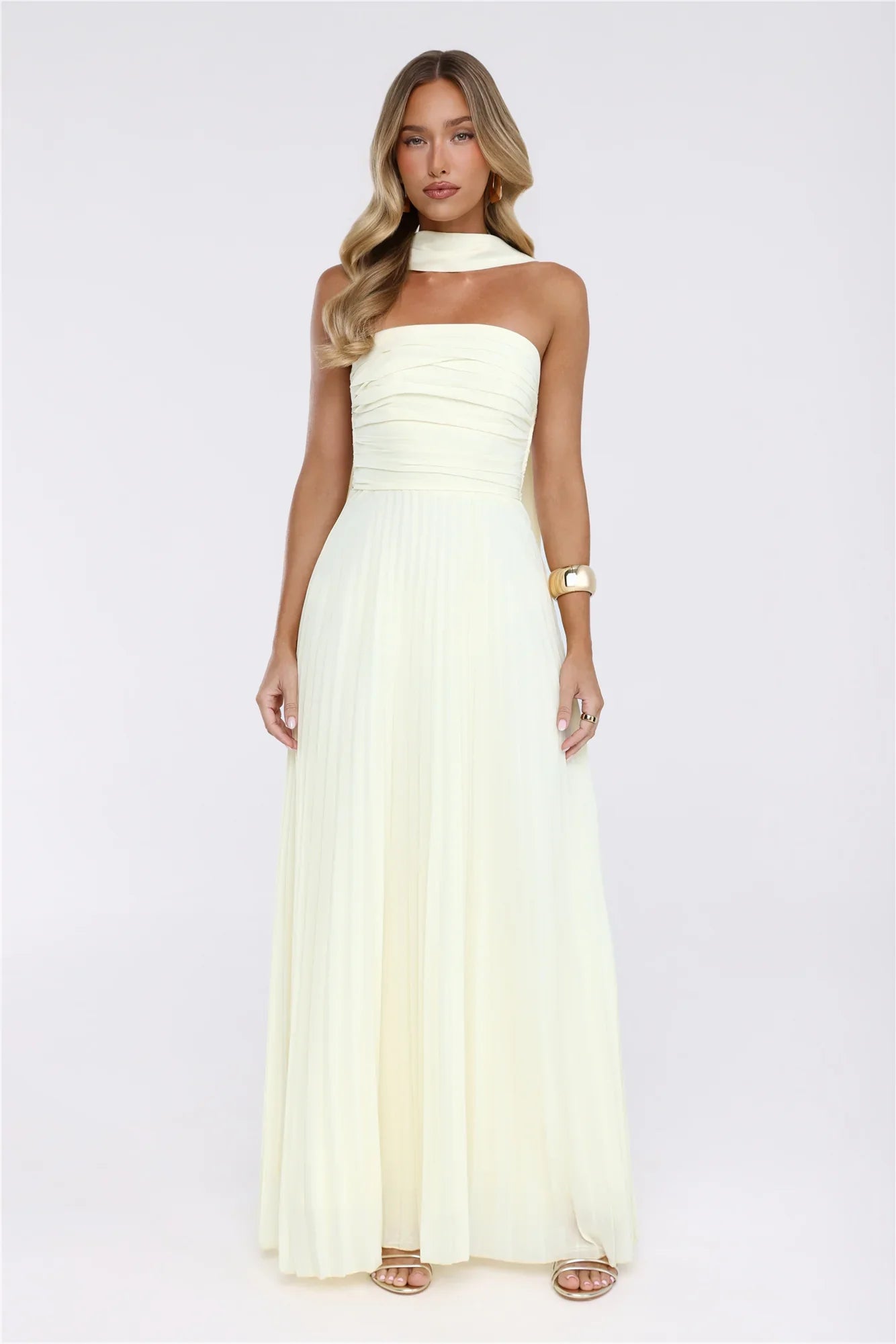 Sugar Babe Strapless Pleated Maxi Dress Yellow
