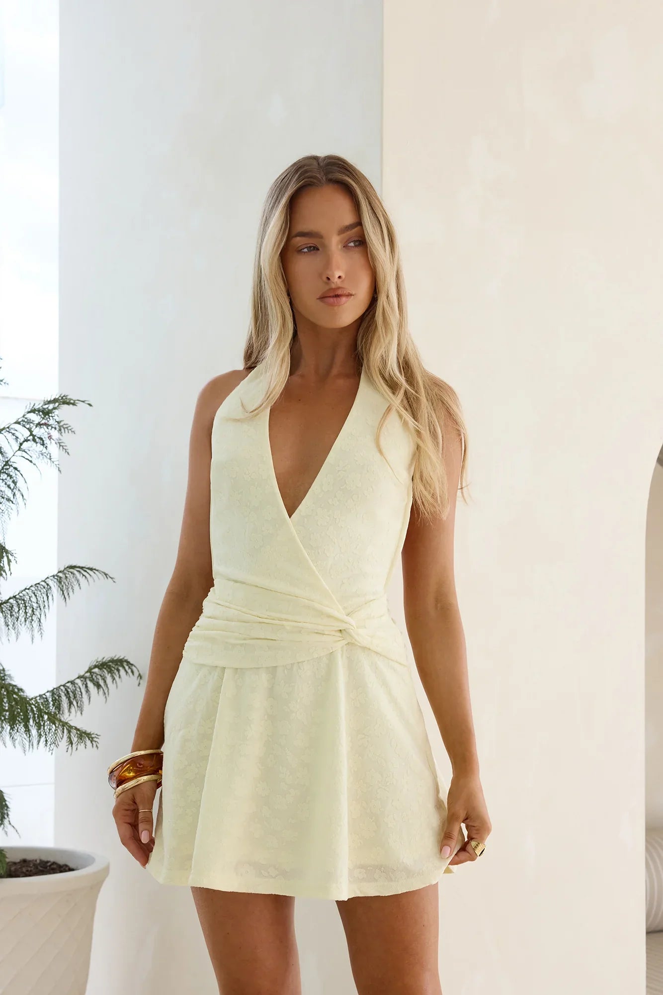 Flow With Me Halter Mini Dress Yellow